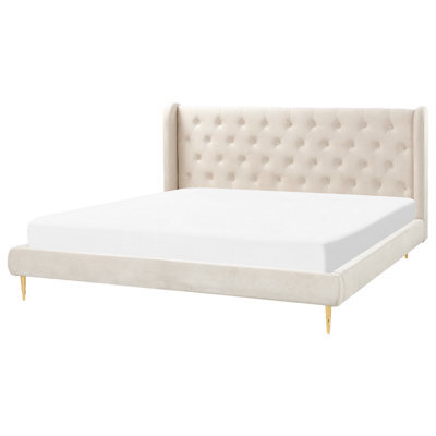Beliani Bed Velvet Forbach 180 X 200 Cm (Eu Super King) Beige - image 1