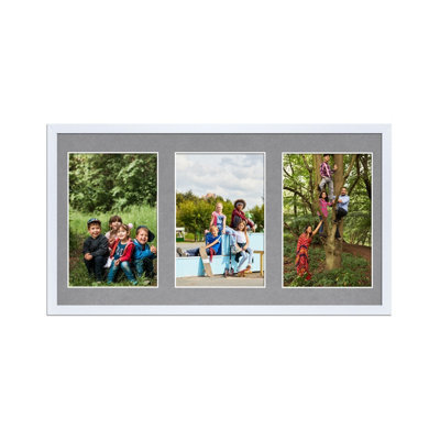 AK Frames 40X20Cm White Sleek Multi Photo Frame With Mid Grey Mount - Holds 3 Apertures (3X) 6X4 Photos - image 1