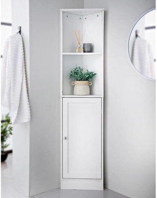 Corner Shelf Unit Bathroom Storage Cabinet With 2 Shelves 1 Door Display Wooden Furniture Tall Boy Narrow Cupboard White - image 1