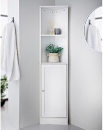 Corner Shelf Unit Bathroom Storage Cabinet With 2 Shelves 1 Door Display Wooden Furniture Tall Boy Narrow Cupboard White