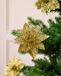 Werchristmas Set Of 3 Gold Glitter Artificial Poinsettia Flowers, 15 Cm - thumbnail 2