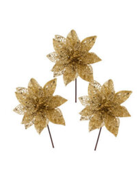 Werchristmas Set Of 3 Gold Glitter Artificial Poinsettia Flowers, 15 Cm - thumbnail 1