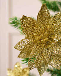 Werchristmas Set Of 3 Gold Glitter Artificial Poinsettia Flowers, 15 Cm - thumbnail 4