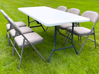 Crystals 5Ft Heavy Duty Folding Trestle Table With 6 Chairs Catering, Camping, Picnic & Bbq Party Table Chairs - image 1