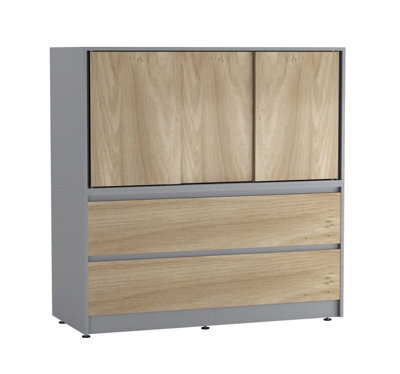 Urbn-Living Urbnliving 120Cm Height Grey With 3 Sliding Oak Door 4 Drawer Bedside Cabinet Storage End Unit Bedroom Furniture - image 1