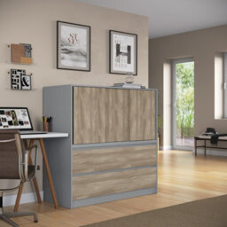 Urbn-Living Urbnliving 120Cm Height Grey With 3 Sliding Oak Door 4 Drawer  Bedside Cabinet Storage End Unit Bedroom Furniture - thumbnail 4