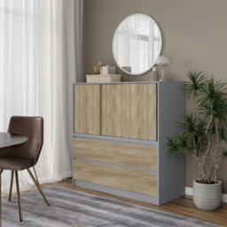 Urbn-Living Urbnliving 120Cm Height Grey With 3 Sliding Oak Door 4 Drawer  Bedside Cabinet Storage End Unit Bedroom Furniture - thumbnail 3