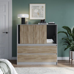 Urbn-Living Urbnliving 120Cm Height Grey With 3 Sliding Oak Door 4 Drawer  Bedside Cabinet Storage End Unit Bedroom Furniture - thumbnail 2