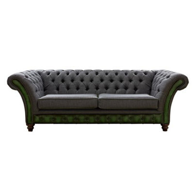 Chesterfield 3 Seater Sofa Antique Green Leather Marinello Pewter Fabric In Jepson Style - image 1