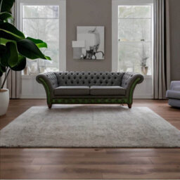 Chesterfield 3 Seater Sofa Antique Green Leather Marinello Pewter Fabric In Jepson Style - thumbnail 2