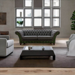 Chesterfield 3 Seater Sofa Antique Green Leather Marinello Pewter Fabric In Jepson Style - thumbnail 3