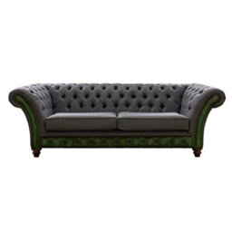 Chesterfield 3 Seater Sofa Antique Green Leather Marinello Pewter Fabric In Jepson Style - thumbnail 1