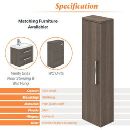 Plum&clay Novela Dark Wood Wall Mounted Bathroom Tall Storage Cabinet Unit Bathroom Furniture - thumbnail 5