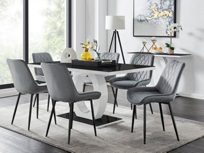 Furniturebox Giovani Rectangular 6 Seat White High Gloss Unique Halo Base Dining Table Black Glass Top 6 Grey Velvet Black Leg Pesaro Chairs - image 1
