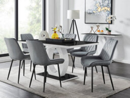 Furniturebox Giovani Rectangular 6 Seat White High Gloss Unique Halo Base Dining Table Black Glass Top 6 Grey Velvet Black Leg Pesaro Chairs