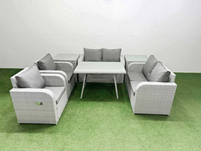 Fimous 6 Seater Rattan Garden Furniture Set Outdoor Love Sofa Set With Rectangular Dining Table 2 Side Tables Light Grey - image 1