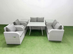 Fimous 6 Seater Rattan Garden Furniture Set Outdoor Love Sofa Set With Rectangular Dining Table 2 Side Tables Light Grey - thumbnail 1