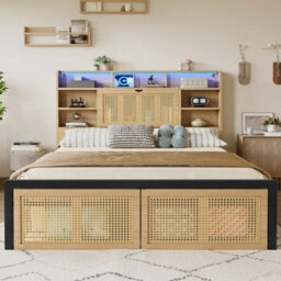 Btm Wooden Double Bed 4Ft6 With Charging Port Led Strip Light Headboard Storage And Rattan Drawer 135X190Cm Wood Colour - thumbnail 2