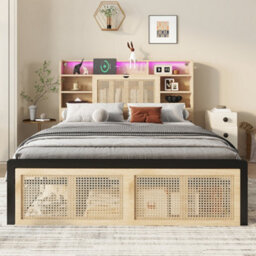 Btm Wooden Double Bed 4Ft6 With Charging Port Led Strip Light Headboard Storage And Rattan Drawer 135X190Cm Wood Colour - thumbnail 4