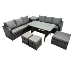 Fimous 9 Seat Outdoor Wicker Pe Rattan Garden Furniture Set Dining Table Sofa Set With Side Table 3 Stools Dark Grey Mixed - thumbnail 2