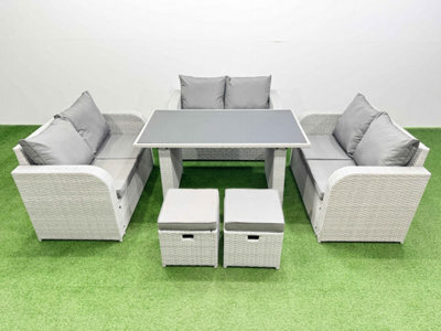 Fimous 8 Seater Patio Garden Furniture Sets With Black Glass Top Dining Table Love Sofa 2 Small Stool Light Grey - image 1
