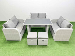 Fimous 8 Seater Patio Garden Furniture Sets With Black Glass Top Dining Table Love Sofa 2 Small Stool Light Grey - thumbnail 1