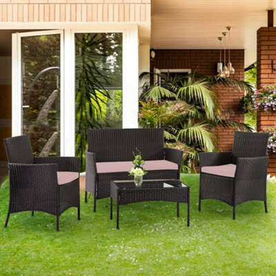 4Pc Garden Rattan Black Furniture Set Patio Glass Table Chair Sofa Relax Outdoor - image 1