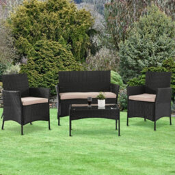 4Pc Garden Rattan Black Furniture Set Patio Glass Table Chair Sofa Relax Outdoor - thumbnail 2
