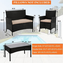 4Pc Garden Rattan Black Furniture Set Patio Glass Table Chair Sofa Relax Outdoor - thumbnail 7