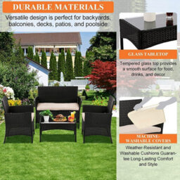 4Pc Garden Rattan Black Furniture Set Patio Glass Table Chair Sofa Relax Outdoor - thumbnail 6