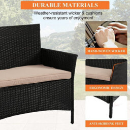 4Pc Garden Rattan Black Furniture Set Patio Glass Table Chair Sofa Relax Outdoor - thumbnail 5