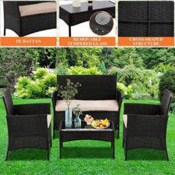 4Pc Garden Rattan Black Furniture Set Patio Glass Table Chair Sofa Relax Outdoor - thumbnail 4