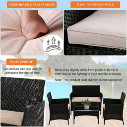 4Pc Garden Rattan Black Furniture Set Patio Glass Table Chair Sofa Relax Outdoor - thumbnail 8