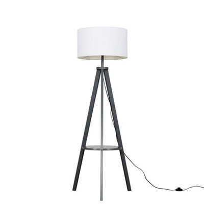Valuelights Morrigan Grey Wood Shelf Tripod Floor Lamp With White Drum Shade And Bulb - image 1