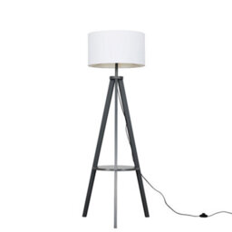 Valuelights Morrigan Grey Wood Shelf Tripod Floor Lamp With White Drum Shade And Bulb