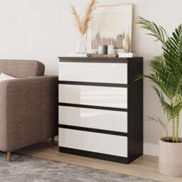 Urbn-Living Urbnliving 90Cm Tall 4 Drawer High Gloss Bedside Chest Of Drawers With Smooth Metal Runner Black & White