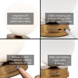 Happy Homewares Modern Gold Rechargeable Touch Dimmable Table Lamp With White Glass Globe Shade - thumbnail 5