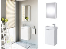 Impact Furniture Wall Hung Bathroom Cabinet Set 400mm Vanity Unit With Basin And Wall Mirror Cabinet White Gloss Small Narrow Furniture Avir