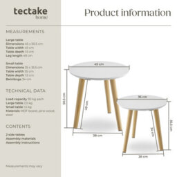 Tectake Side Tables Skaland - Set Of Two, Scandi Style With Wood Legs & Non-Slip Feet - Brown/white - thumbnail 6