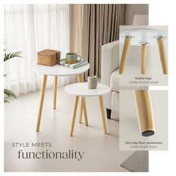 Tectake Side Tables Skaland - Set Of Two, Scandi Style With Wood Legs & Non-Slip Feet - Brown/white - thumbnail 4