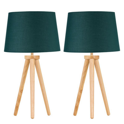 First Choice Lighting Set Of 2 Light Oak Table Lamp Or Bedside Lights With Dark Green Shades - image 1