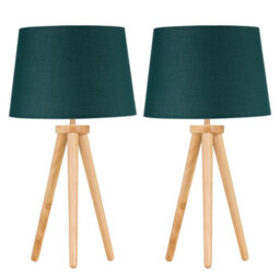First Choice Lighting Set Of 2 Light Oak Table Lamp Or Bedside Lights With Dark Green Shades