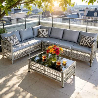 Asownsun 6 Seater Rattan Garden Furniture Set With L-Shaped Sofa & Tempered Glass Table - image 1