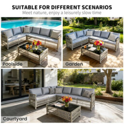 Asownsun 6 Seater Rattan Garden Furniture Set With L-Shaped Sofa & Tempered Glass Table - thumbnail 7