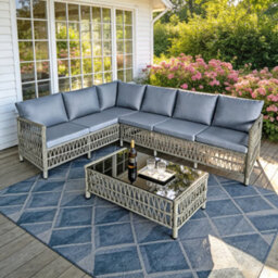 Asownsun 6 Seater Rattan Garden Furniture Set With L-Shaped Sofa & Tempered Glass Table - thumbnail 2