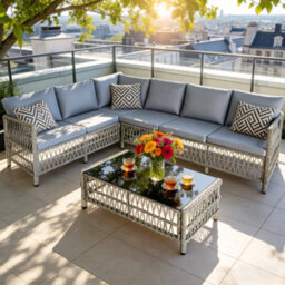 Asownsun 6 Seater Rattan Garden Furniture Set With L-Shaped Sofa & Tempered Glass Table