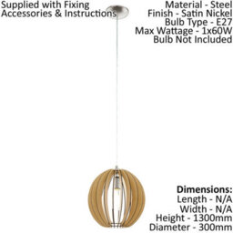 Stylish Satin Nickel Pendant Ceiling Light With Maple Wood Shade For E27 Bulbs - thumbnail 2