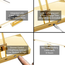 Happy Homewares Polished Gold Wireless Rechargeable 5W Led Touch Dimmable Picture Wall Light - thumbnail 4
