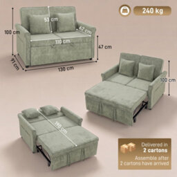 Homcom 2 Seater Sofa Bed, 3-In-1 Convertible Pull Out Sofa Bed, Light Green - thumbnail 3