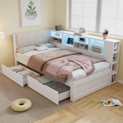 Btm 3Ft Single Wooden Storage Bed 90X190Cm, Led Headboard With Usb & Type-C Charging, 2 Drawers, Storage Shelves, White - image 1